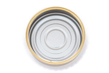 Opened Empty Tin Can Isolated on White Background. Clean Used Aluminum Can - Isolation. Non-Degradable Inorganic Waste