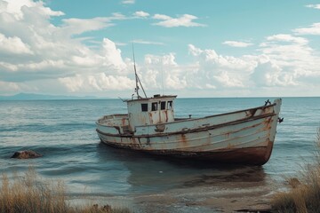An abandoned fishing boat sinking into the sea  a symbol of neglect and forgotten dreams