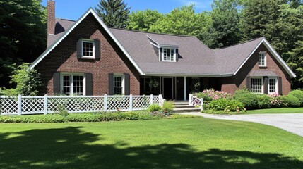 Obraz premium The white vinyl fence stands out against the brick house and vibrant fall foliage under clear blue skies