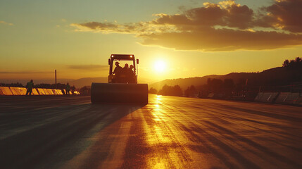 Fototapeta premium Road Construction Workers Silhouette at Sunset