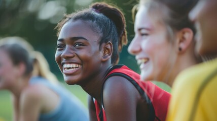 Joyful teen girls laughing together during outdoor sports practice