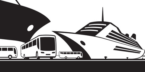 Cruise ships and busses on the port – vector illustration