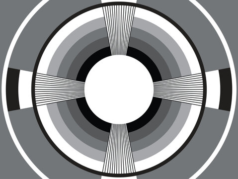 Early television. At the conclusion of a broadcast day a test pattern would appear to mark the end of the signal transmission. A countdown or station identification would be in the center circle.