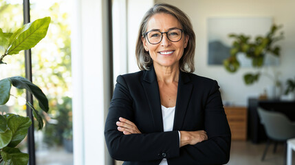 Fototapeta premium Confident businesswoman in professional attire smiles in modern office