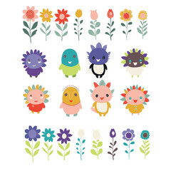 Naklejka premium Set of bright flowers and funny creatures. Vector illustration in cartoon style. 