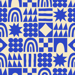 Fun geometric shape seamless pattern. Abstract retro scandinavian style art background, trendy design with geometry shapes. Simple mosaic wallpaper texture.