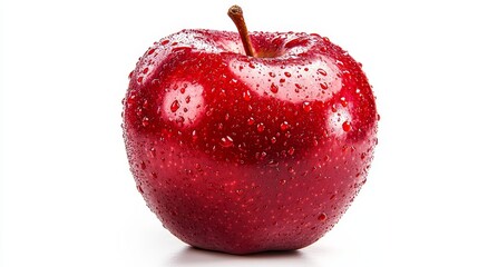 Close-up of a glossy red apple, isolated on white, showcasing its natural texture and shine, perfect for clean and minimalistic food ads