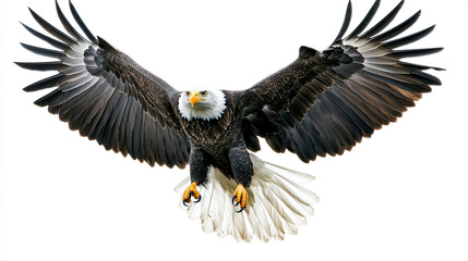 Obraz premium Majestic Bald Eagle in Flight with Spread Wings Isolated on White Background