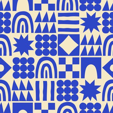 Fototapeta Fun geometric shape seamless pattern. Abstract retro scandinavian style art background, trendy design with geometry shapes. Simple mosaic wallpaper texture.