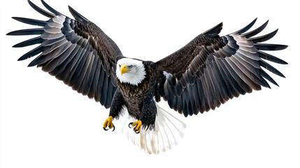 Obraz premium Majestic Bald Eagle Soaring with Spread Wings Against White Background