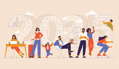 Fototapeta premium Flat design cartoon style New Year vector concept.