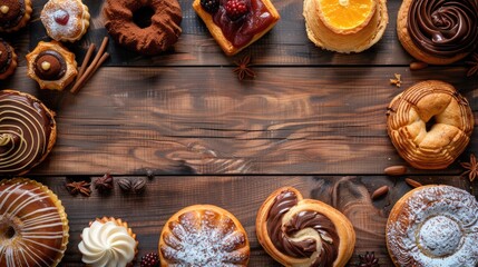Fototapeta premium Variety of pastries on wooden surface with empty space for text. Overhead shot.