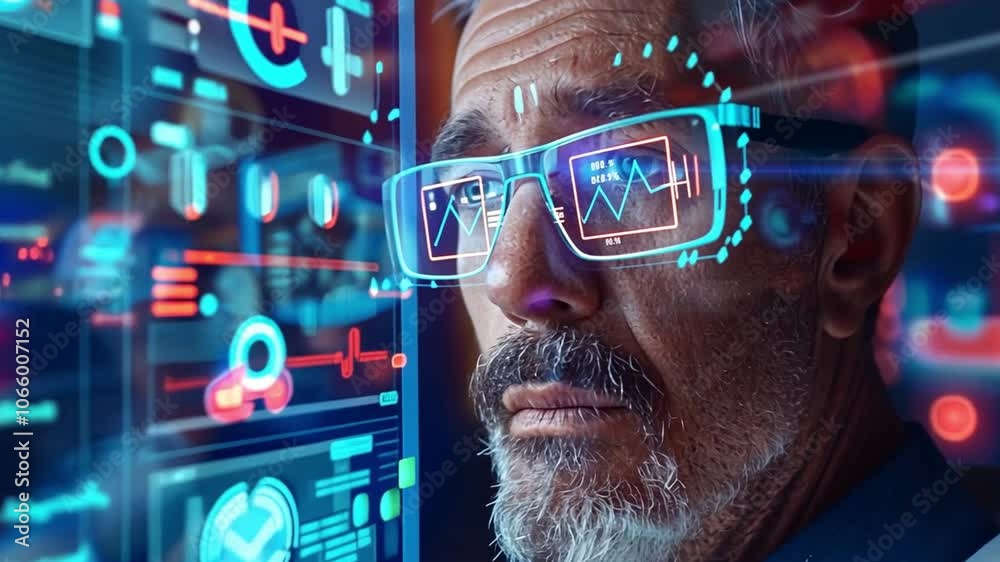 Poster in a contemporary clinic, a healthcare professional observes a digital interface displaying health m
