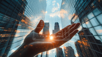 Urban innovation concept: A hand overlays a cityscape with digital interface elements, symbolizing futuristic urban development and technological advancement.