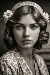 Fototapeta premium portrait of a woman with flower, elegant, simple, vintage close portrait, black and white, retro