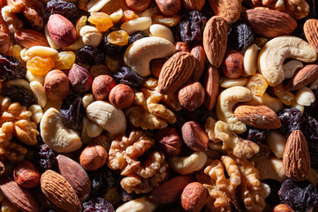 Mixed Nuts: Almonds, Walnuts, Cashews, Peanuts, Hazelnuts, Dried Prunes and Raisins. Different Nut Mix. Background from Various Nuts and Dried Fruits