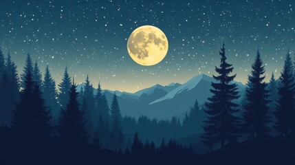 Fototapeta premium Serene Night Sky, a flat design showcasing a luminous full moon surrounded by sparkling stars on a deep blue canvas