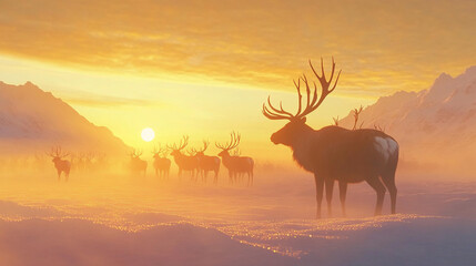 Fototapeta premium Majestic Elk Herd at Sunset in Snowy Mountains