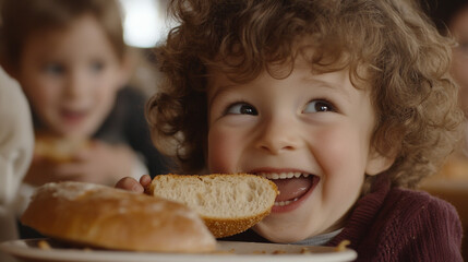 Happy Child Eating Bread   Close Up Portrait