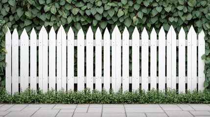 Fototapeta premium A well-maintained white wooden fence borders a vibrant green hedge, creating a serene atmosphere in a sunny yard