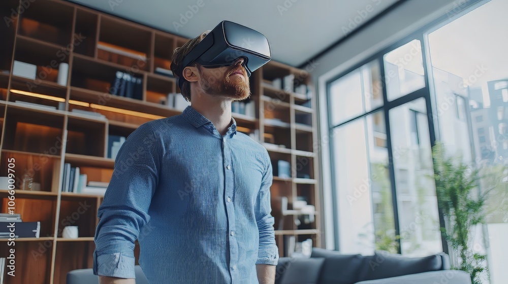 Wall mural man uses vr to visualize architecture plans in modern room. architecture design. ultra realistic. ph