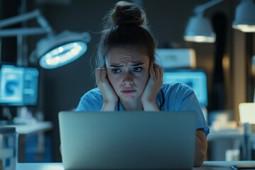 Young female nurse analyzes medical data on laptop, showing concern and stress in her expression