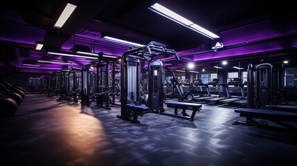 Modern gym interior with rows of exercise equipment, purple lighting, and black rubber flooring.