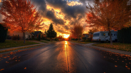 Autumn Sunset Street with RV and Golden Sky