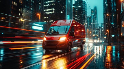 Nighttime delivery van in fast motion, surrounded by glowing urban lights