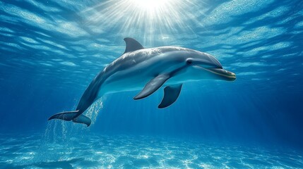Naklejka premium Majestic dolphin breaking ocean surface, sunlight illuminating sleek body, freedom in nature