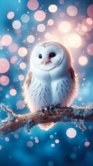 Obraz premium Cute and fluffy white owl perched on a branch with a bokeh background