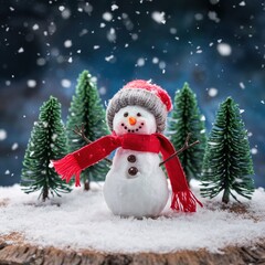 Fototapeta premium Happy miniature snowman decoration wearing a red scarf and woolen hat stands amongst pine trees in a snowy winter night scene with falling snowflakes.