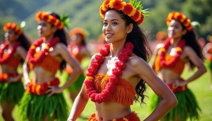 A group of Hawaiian hula dancers performing outdoors, dressed in colorful traditional attire with floral accessories, underlining Hawaiian culture and festivity