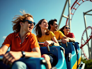 Obraz premium A group of friends experiences the thrill and excitement of a roller coaster, capturing joy and adventure on a sunny day at the amusement park