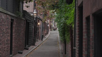 Narrow cedar lane way private lane in historic beacon hill, a historic neighborhood in Boston, Massachusetts.
