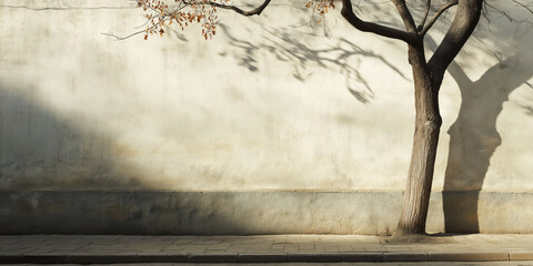 Minimalist urban scene with tree shadows on sunlit wall in autumn