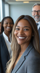 In the office, a young businesswoman smiles with her team standing behind her