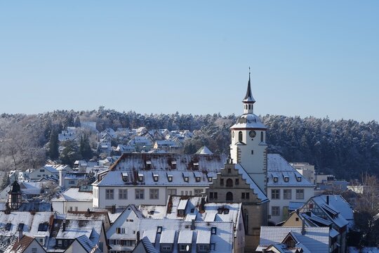 View on Waldenbuch city on a winter day with snow