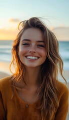 Happy beautiful young woman is smiling on the beach