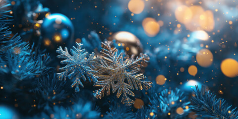 Fototapeta premium Sparkling snowflakes on blue christmas tree with golden bokeh