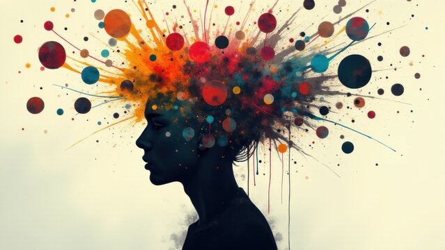 Vibrant abstract art symbolizing ADHD, with colorful splashes and shapes exploding from a focused silhouette.