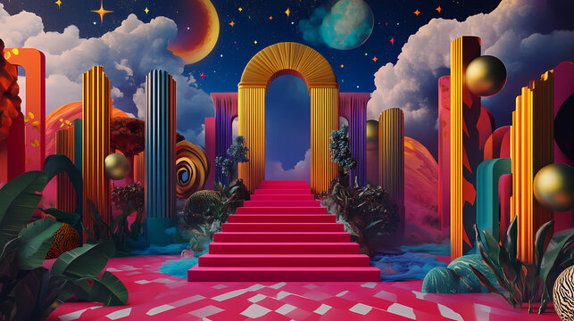 Maximalist dreamscape: over-the-top eclecticism, clashing patterns, and surrealist imagery in a dreamlike setting. surrealist dreamscape. illustration. Dreamscape. Illustration