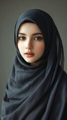 Naklejka premium Portrait of a young muslim woman in a studio, wearing a hijab, with a neutral expression