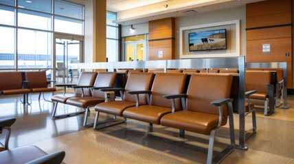 Modern airport waiting area with empty seats and natural lighting