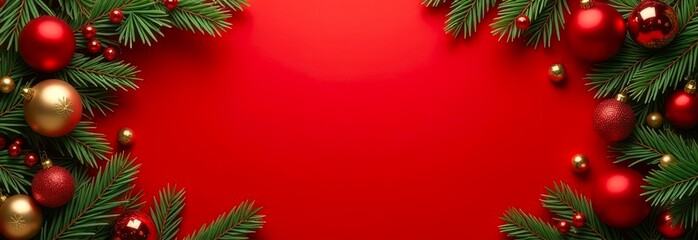 festive Christmas border frame made of green pine branches with red and golden baubles on red background. seasonal promotions, event invitation, e-commerce, website header, email newsletter concept.