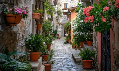 A winding lane meanders through an old Italian seaside village adorned with lush flowering potted plants in the doorways
