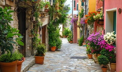 A winding lane meanders through an old Italian seaside village adorned with lush flowering potted plants in the doorways
