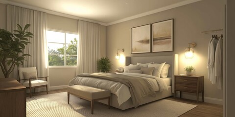 Fototapeta premium Modern and sophisticated neutral bedroom interior design