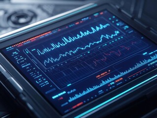 Digital screen displaying advanced data analytics and graphical interface.