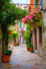Fototapeta premium A winding lane meanders through an old Italian seaside village adorned with lush flowering potted plants in the doorways